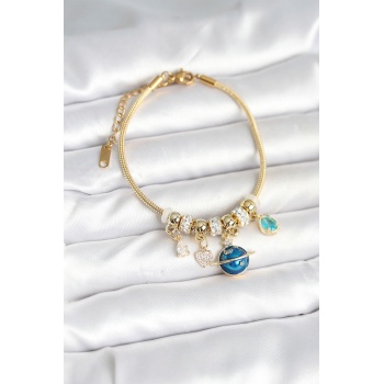 Pirinç Gold Renk Dünya Charmlı Kadın Bileklik - Lisinya