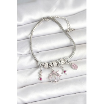 Pirinç Gümüş Renk Yaşam Ağacı Charmlı Kadın Bileklik - Lisinya