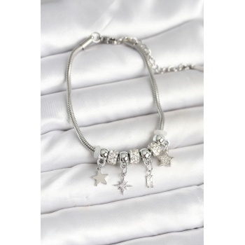 Pirinç Gümüş Renk Kutup Yıldızı Charmlı Kadın Bileklik - Lisinya