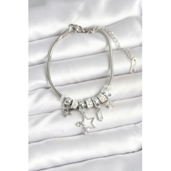 Pirinç Gümüş Renk Yıldız Charmlı Kadın Bileklik - Lisinya