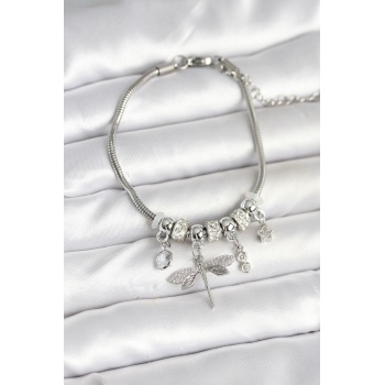 Pirinç Gümüş Renk Yusufçuk Charmlı Kadın Bileklik - Lisinya