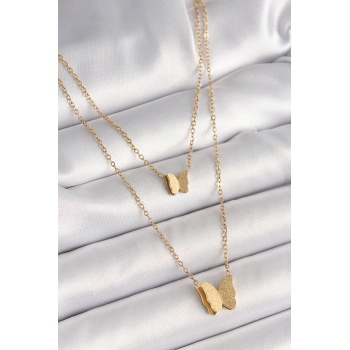 316L Çelik Gold Renk 2Li Simli Kelebek Model Kadın Kolye - Lisinya