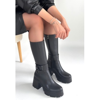 Moki Siyah Cilt Topuklu Çizme - Lisinya