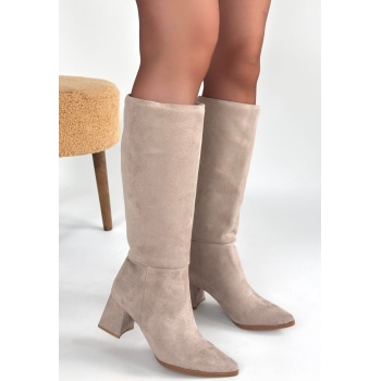 Roksa Bej Süet Topuklu Çizme - Lisinya
