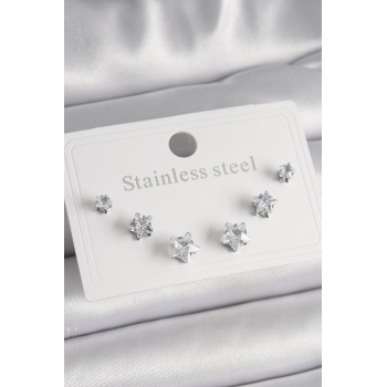 316L Çelik Gümüş Renk Zirkon Taşlı Yıldız Model Kadın Küpe Seti - Lisinya