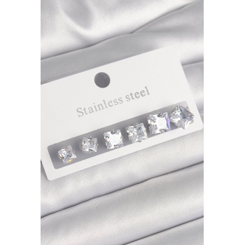 316L Çelik Gümüş Renk Kare Zirkon Taşlı Kadın Küpe Seti - Lisinya
