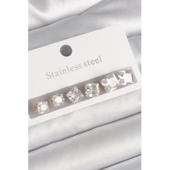 316L Çelik Gold Renk Kare Zirkon Taş Model Kadın Küpe Seti - Lisinya