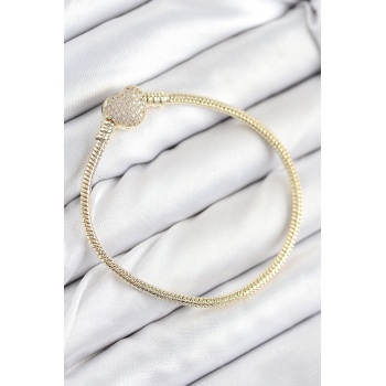 Pirinç Charm Zirkon Taşlı Kalp Model Gold Renk Kadın Bileklik - Lisinya