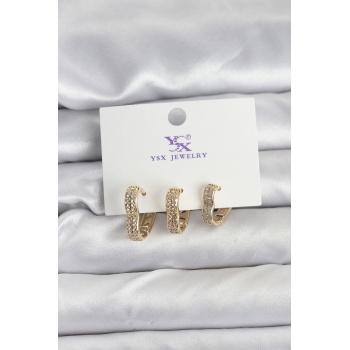 Gold Renk Pirinç Zirkon Taşlı Kalpli Kadın Küpe - Lisinya