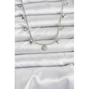 Pirinç Gümüş Renk Zirkon Taşlı Deniz Kabuğu Model Kadın Kolye - Lisinya