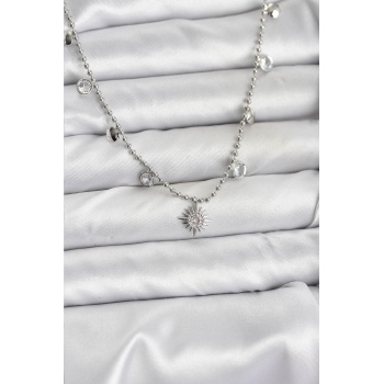 Zirkon Taşlı Kutup Yıldızı Model Pirinç Gümüş Renk Kadın Kolye - Lisinya