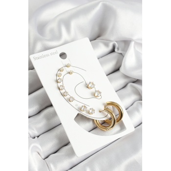 316L Çelik Halka Figürlü Ve Zirkon Taşlı Gold Renk 7li Çift Kadın Küpe Set - Lisinya