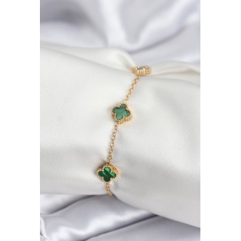 316L Çelik Gold Renk Yeşil Baby Boy Yonca Kadın Bileklik - Lisinya