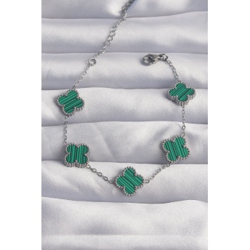 316L Çelik Gümüş Renk Çizgili Yeşil Mineli Yonca Bileklik - Lisinya