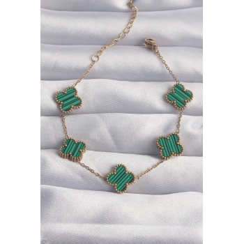 316L Çelik Gold Renk Çizgili Yeşil Mineli Yonca Bileklik - Lisinya