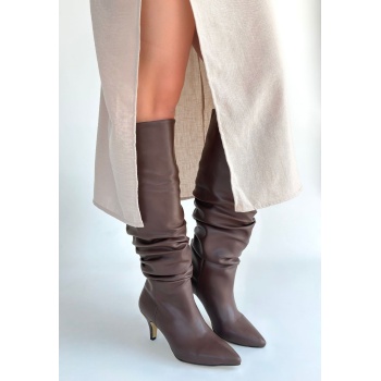 Zelya Kahverengi Cilt Topuklu Çizme - Lisinya