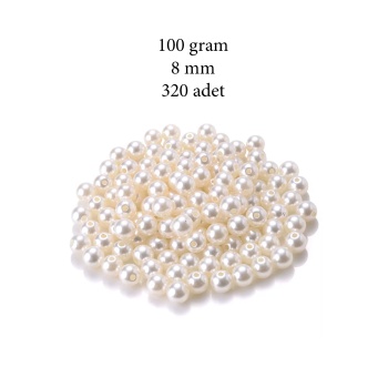 100 gram 8mm Krem Renk Plastik İnci Boncuk Çanta ve Takı Yapım Boncuğu (~320 adet)