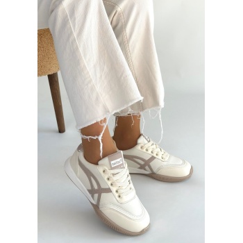 Zlay Bej Cilt Vizon Detaylı Bağcıklı Spor Ayakkabı - Lisinya