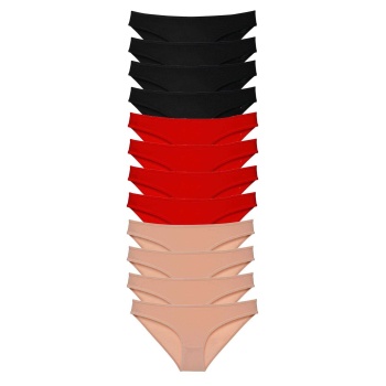 12 adet Süper Eko Set Likralı Kadın Slip Külot Siyah Kırmızı Ten