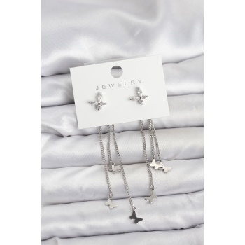 Kelebek Model Gümüş Renk Pirinç Sallantılı Kadın Küpe -