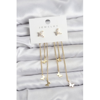 Kelebek Model Gold Renk Pirinç Sallantılı Kadın Küpe -