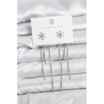 Çiçek Model Gümüş Pirinç Sallantılı Kadın Küpe -