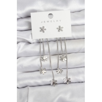 Papatya Model Gümüş Renk Pirinç Sallantılı Kadın Küpe -