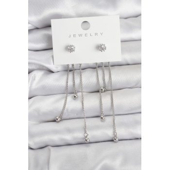 Topçuk Model Gümüş Renk Pirinç Sallantılı Kadın Küpe Seti -