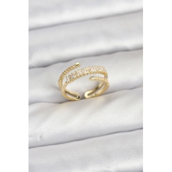 Pirinç Gold Renk Sıralı Baget Zirkon Taşlı Kadın Yüzük -