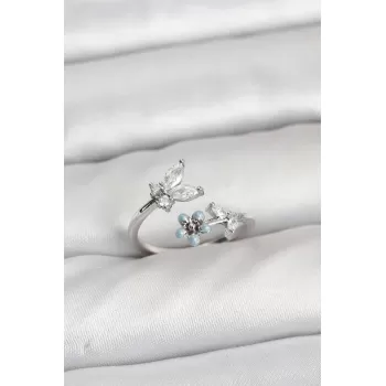 Pirinç Gümüş Renk Kelebek Model Kadın Yüzük