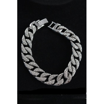 Pirinç Zirkon Taşlı Cuba Gurmet Model Gümüş Renk Erkek Bileklik - Lisinya