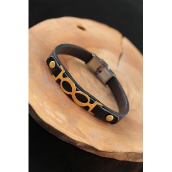 Gold Renk Sonsuzluklu Metal Aksesuarlı Siyah Deri Erkek Bileklik - Lisinya