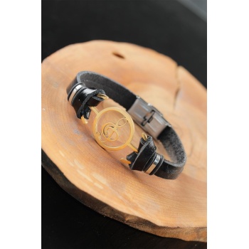 Gold Renk Metal Sol Anahtarlı Tasarım Siyah Renk Deri Erkek Bileklik - Lisinya