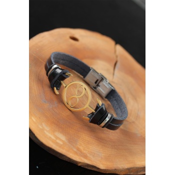 Gold Renk Sonsuzluklu Metal Aksesuarlı Siyah Renk Deri Erkek Bileklik - Lisinya