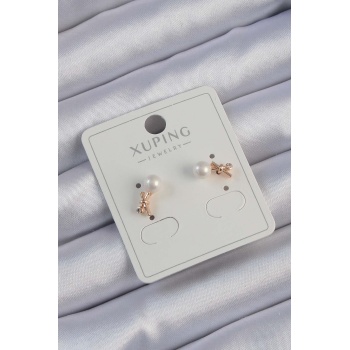 Xuping Rose Renk Zirkon Taşlı İncili Minimal Fiyonk Küpe - Lisinya