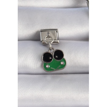 316L Çelik Gümüş Renk Sallantılı Yeşil Kurbağa Figür Nomination Charm - Lisinya