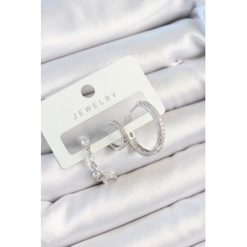 Pirinç Zirkon Taşlı Sallantılı Model Gümüş Renk 3lü Çift Kadın Küpe Set - Lisinya