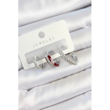 Pirinç Zirkon Taşlı Bordo Pembe Halka Model Gümüş Renk 3lü Çift Kadın Küpe Set - Lisinya