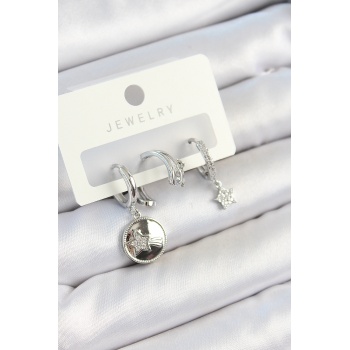 Pirinç Zirkon Taşlı Sallantılı Yıldız Model Gümüş Renk 3lü Çift Kadın Küpe Set - Lisinya