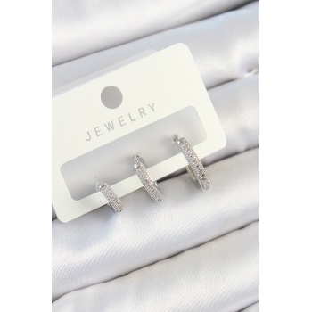 Pirinç Zirkon Taşlı Halka Model Gümüş Renk 3lü Çift Kadın Küpe Set - Lisinya