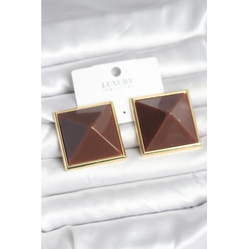 Pirinç Gold Renk Kahverengi Piramit Model Kadın Küpe - Lisinya