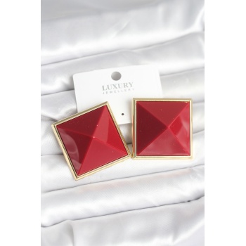 Pirinç Gold Renk Bordo Piramit Model Kadın Küpe - Lisinya