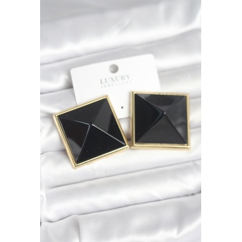 Pirinç Gold Renk Siyah Piramit Model Kadın Küpe - Lisinya