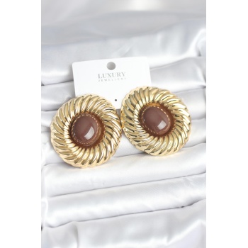 Pirinç Gold Renk Kahverengi Boncuklu Vintage Kadın Küpe - Lisinya