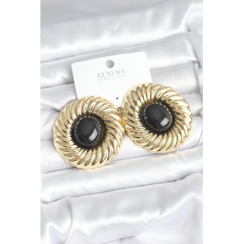 Pirinç Gold Renk Siyah Boncuklu Vintage Kadın Küpe - Lisinya
