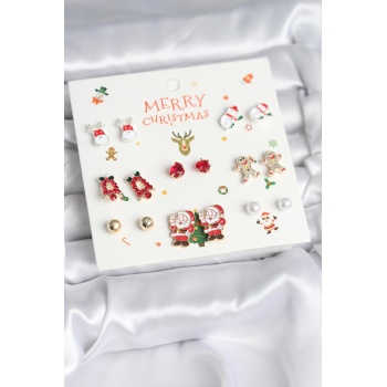 Yılbaşı Temalı Karışık Model 8 Çift Yılbaşı Temalı Kadın Küpe Seti - Lisinya