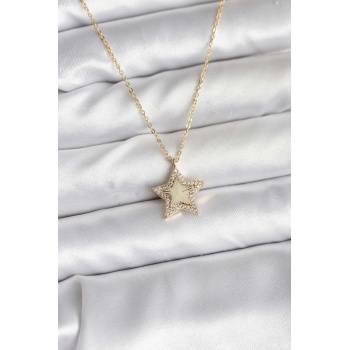 Pirinç Gold Renk Zincirli Yıldızlı Model Kadın Kolye - Lisinya