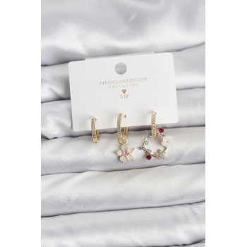 Çiçek Model Gold Renk Pirinç 3lü Kadın Küpe Seti - Lisinya