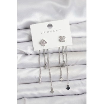 Pirinç Gümüş Renk Yonca Model Sallantılı Kadın Küpe - Lisinya