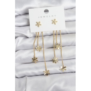 Papatya Model Gold Renk Pirinç Sallantılı Kadın Küpe - Lisinya